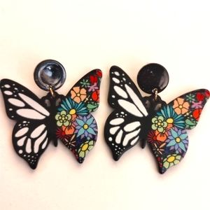Boho Black White Colorful Pastel Flower Butterfly Earrings
